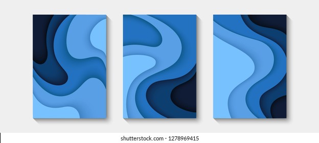 Abstract paper cut covers. Vertical banners, brochures, posters. Blue color. Simple realistic design. Beautiful background. Flat style vector illustration.