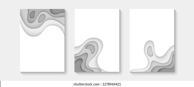 Abstract paper cut covers. Vertical banners, brochures, posters. Gray and white color. Simple realistic design. Beautiful background. Flat style vector illustration.