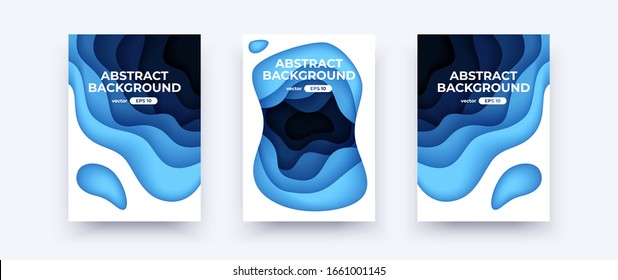 Abstract paper cut covers. Vertical banners, brochures, posters. Water waves template. Simple realistic design. Beautiful background. Flat style vector eps10 illustration. Blue color.