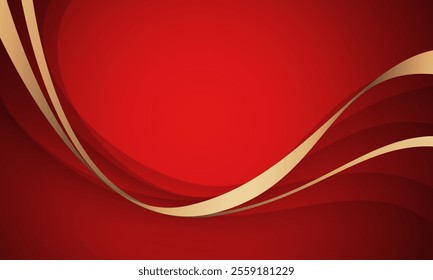 Abstract paper cut curve wave gold ribbon on red background vector illustration.