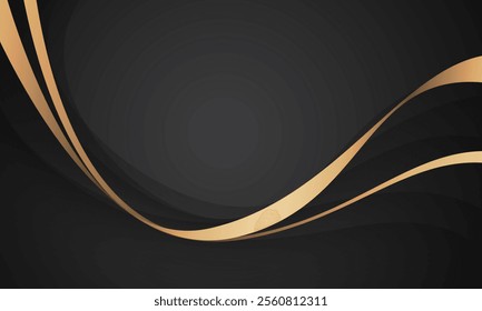 Abstract paper cut curve wave gold ribbon on black background vector illustration.