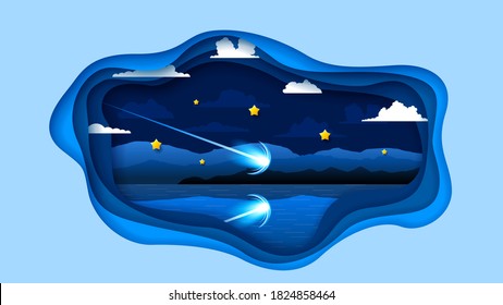 Abstraktes Papier geschnitten dunkler Himmel Nachthintergrund Fallend Star Clouds Mitternacht Vektordesign-Stil