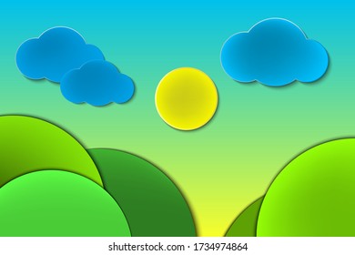 Abstract paper cut design, landscape background with sun and clouds 