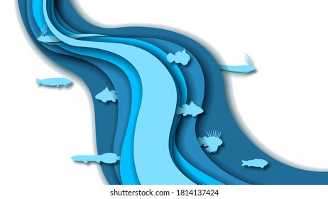 Abstract Paper Cut Fish Swim On Water White Background Vector Design Style