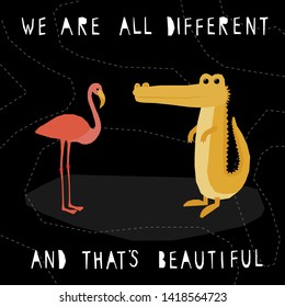 Abstract  paper cut flamingo and crocodile pattern. Childish crafted chameleon for design birthday card, veterinarian clinic poster, pet shop sale advertising, bag print etc. 