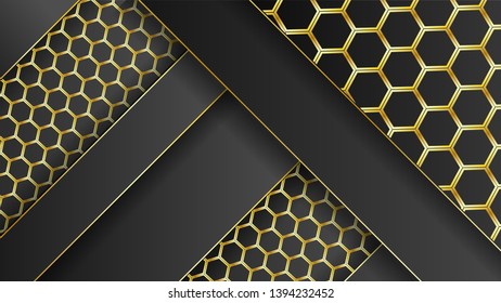 Abstract paper cut gold on black with modern futuristic hexagon mesh design fancy vector illustration.