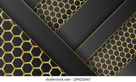 Abstract paper cut gold on black with modern futuristic hexagon mesh design fancy vector illustration.