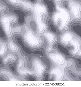 Abstract paper cut gray topographic seamless pattern background. Sea depth map map relief texture, curved layers and elevation contour lines vector illustration