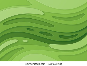 Abstract paper cut green background with wavy layers; Realistic carving art; Vector 3d template; Material design concept.
