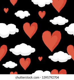 Abstract paper cut heart seamless pattern. Childish crafted heart and cloud background for design birthday card, party poster, shop sale advertising, bag or t shirt print etc. 