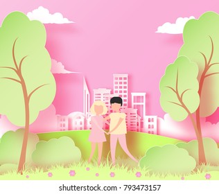 abstract paper cut illustration of colorful landscape with couple, big city, trees and sky.