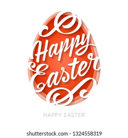 Abstract paper cut illustration of egg with happy easter calligraphy on white background. Happy easter greeting card template