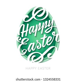 Resumen de la ilustración de corte de papel de huevo con caligrafía de Pascua feliz sobre fondo blanco. Plantilla de tarjeta de felicitación de Pascua feliz