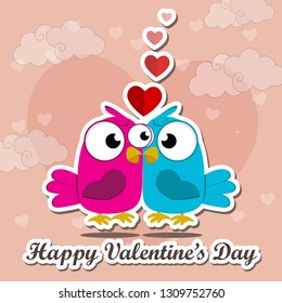 abstract paper cut illustration Valentine Day heart shape with bird's couple. Vector colorful greeting card template in carving art style. - Vector
