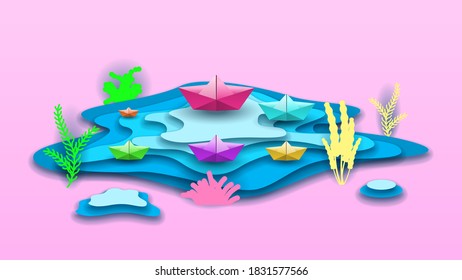 Abstract Paper Cut Illustration Water Splash Drops Color Pink With Ships Plants Background Vector Design Style