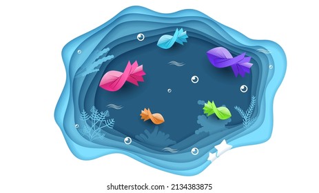 Abstrakte Papierschnitt-Illustration Wassertropfen blauer Farbe mit Fish Plants Hintergrund Vectordesign-Stil