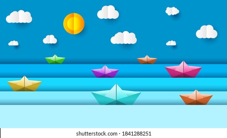 Abstract Paper Cut Ilustration Water Color With Ships Clouds Sun Background Vector Design Style