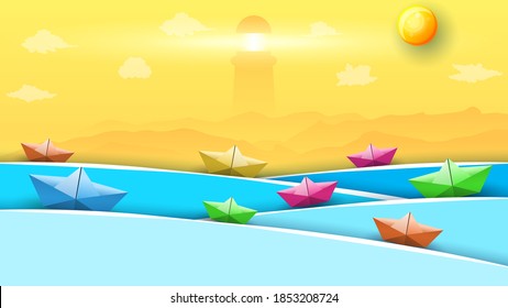 Abstract Paper Cut Ilustration Water 
Wave Color With Ships Lighthouse Clouds Sun Background Vector Design Style