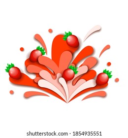 Abstract Paper Cut Ilustration Water Splash Drops Color Red With Strawberry Background Vector Design Style