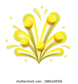 Abstract Paper Cut Ilustration Water Splash Drops Color Yellow With Lemons Background Vector Design Style