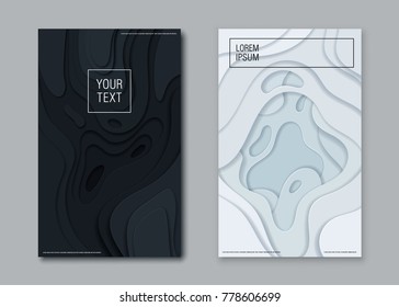 Abstract paper cut layered black and white posters. Fluid shapes brochure template. For banner, identity card, cover design, leaflet. Vector illustration. Cut layers. 