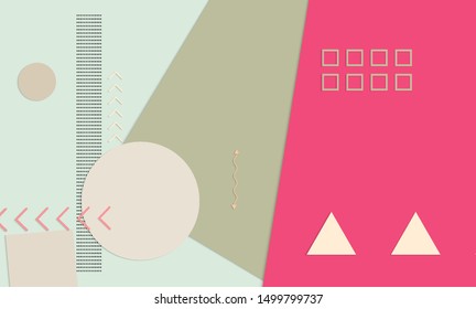 Abstract paper cut layout top view. Background template with paper cut geometric shapes flat lay with 3d realistic shadow. Pastel colors. Vector banner craft paper style.