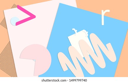 Abstract paper cut layout top view. Background template with paper cut geometric shapes flat lay with 3d realistic shadow. Pastel colors. Vector banner craft paper style.