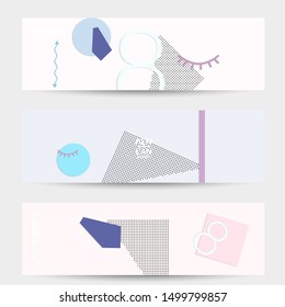 Abstract paper cut layout top view. Banner templates with paper cut geometric shapes flat lay with 3d realistic shadow. Pastel colors. Vector banner set craft paper style.