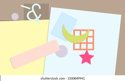 Abstract paper cut layout top view. Background template with paper cut geometric shapes flat lay with 3d realistic shadow. Pastel colors. Vector banner craft paper style.