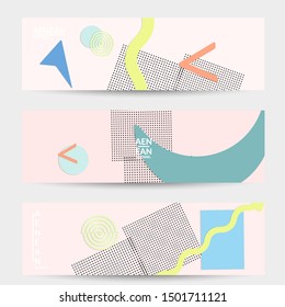 Abstract paper cut layout top view. Banner templates with paper cut geometric shapes flat lay with 3d realistic shadow. Pastel colors. Vector banner set craft paper style.