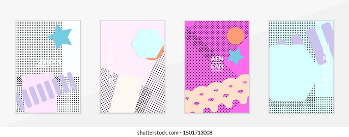 Abstract paper cut layout top view. Flyer templates with paper cut geometric shapes flat lay with 3d realistic shadow. Pastel colors. Vector cover set craft paper style.