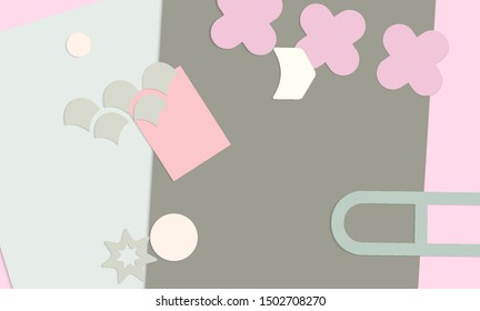 Abstract paper cut layout top view. Background template with paper cut geometric shapes flat lay with 3d realistic shadow. Pastel colors. Vector banner craft paper style.