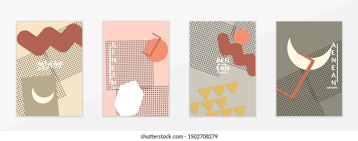 Abstract paper cut layout top view. Flyer templates with paper cut geometric shapes flat lay with 3d realistic shadow. Pastel colors. Vector cover set craft paper style.
