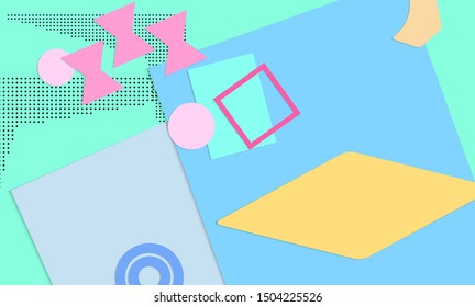 Abstract paper cut layout top view. Background template with paper cut geometric shapes flat lay with 3d realistic shadow. Pastel colors. Vector banner craft paper style.