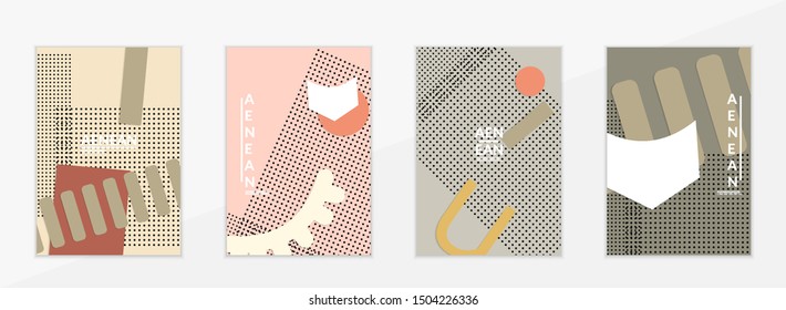 Abstract paper cut layout top view. Flyer templates with paper cut geometric shapes flat lay with 3d realistic shadow. Pastel colors. Vector cover set craft paper style.
