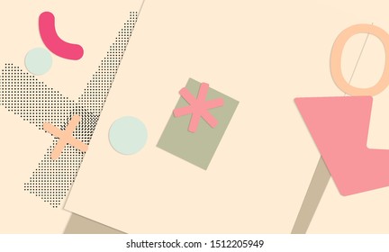 Abstract paper cut layout top view. Background template with paper cut geometric shapes flat lay with 3d realistic shadow. Pastel colors. Vector banner craft paper style.