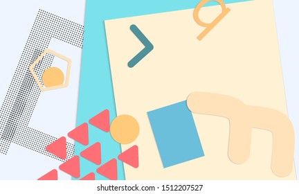 Abstract paper cut layout top view. Background template with paper cut geometric shapes flat lay with 3d realistic shadow. Pastel colors. Vector banner craft paper style.