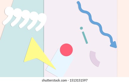 Abstract paper cut layout top view. Background template with paper cut geometric shapes flat lay with 3d realistic shadow. Pastel colors. Vector banner craft paper style.