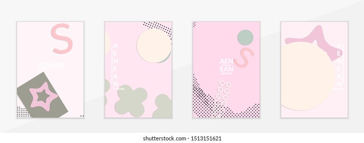 Abstract paper cut layout top view. Flyer templates with paper cut geometric shapes flat lay with 3d realistic shadow. Pastel colors. Vector cover set craft paper style.