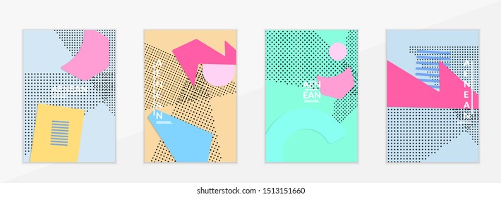 Abstract paper cut layout top view. Flyer templates with paper cut geometric shapes flat lay with 3d realistic shadow. Pastel colors. Vector cover set craft paper style.