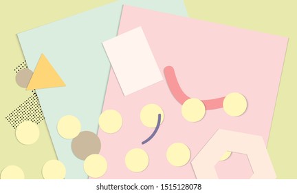 Abstract paper cut layout top view. Background template with paper cut geometric shapes flat lay with 3d realistic shadow. Pastel colors. Vector banner craft paper style.