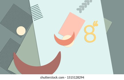 Abstract paper cut layout top view. Background template with paper cut geometric shapes flat lay with 3d realistic shadow. Pastel colors. Vector banner craft paper style.