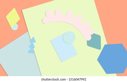 Abstract paper cut layout top view. Background template with paper cut geometric shapes flat lay with 3d realistic shadow. Pastel colors. Vector banner craft paper style.