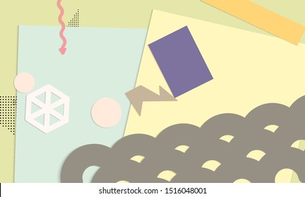 Abstract paper cut layout top view. Background template with paper cut geometric shapes flat lay with 3d realistic shadow. Pastel colors. Vector banner craft paper style.