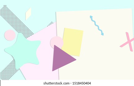 Abstract paper cut layout top view. Background template with paper cut geometric shapes flat lay with 3d realistic shadow. Pastel colors. Vector banner craft paper style.