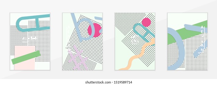 Abstract paper cut layout top view. Flyer templates with paper cut geometric shapes flat lay with 3d realistic shadow. Pastel colors. Vector cover set craft paper style.