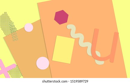 Abstract paper cut layout top view. Background template with paper cut geometric shapes flat lay with 3d realistic shadow. Pastel colors. Vector banner craft paper style.