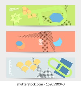 Abstract paper cut layout top view. Banner templates with paper cut geometric shapes flat lay with 3d realistic shadow. Pastel colors. Vector banner set craft paper style.