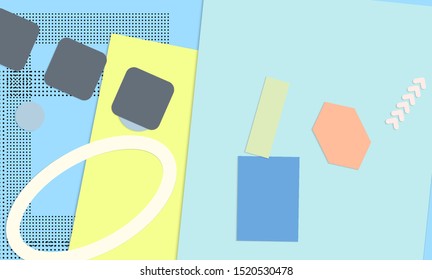 Abstract paper cut layout top view. Background template with paper cut geometric shapes flat lay with 3d realistic shadow. Pastel colors. Vector banner craft paper style.