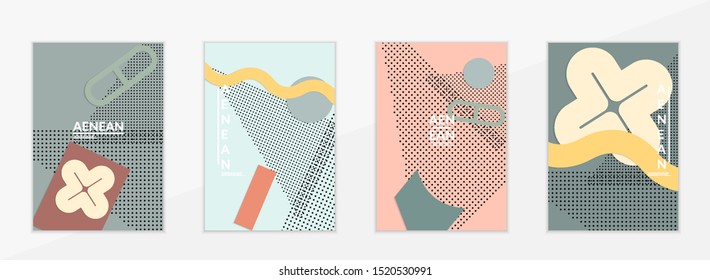Abstract paper cut layout top view. Flyer templates with paper cut geometric shapes flat lay with 3d realistic shadow. Pastel colors. Vector cover set craft paper style.